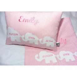 Personalisiertes Geburtskissen mit Namen, Gewicht & Größe – Geschenk zur Geburt/Taufe, bestickt mit Elefanten