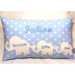 Personalisiertes Geburtskissen mit Namen, Gewicht & Größe – Geschenk zur Geburt/Taufe, bestickt mit Elefanten