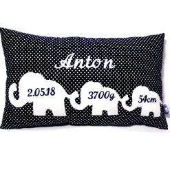 Personalisiertes Geburtskissen mit Namen, Gewicht & Größe – Geschenk zur Geburt/Taufe, bestickt mit Elefanten
