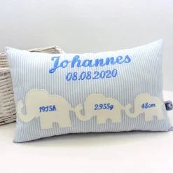 Personalisiertes Geburtskissen mit Name & Daten – Elefant, Geschenk zur Geburt & Taufe, 25x40cm, viele Farben