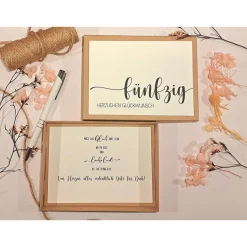 Personalisiertes Geldgeschenk 50. Geburtstag – Geschenkbox mit Glückwunschkarte & Leinensäckchen