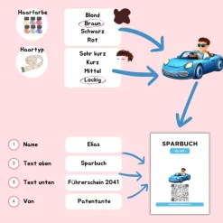 Personalisiertes Geldgeschenk | Führerschein Zuschuss | Digitales Sparbuch | Geschenkkarte | Auto Junge Blau