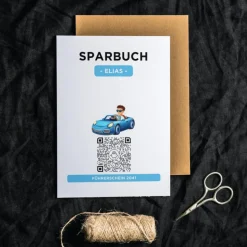 Personalisiertes Geldgeschenk | Führerschein Zuschuss | Digitales Sparbuch | Geschenkkarte | Auto Junge Blau