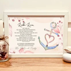 Personalisiertes Geldgeschenk zur Konfirmation im Bilderrahmen – Geschenk für Mädchen mit Anker-Motiv