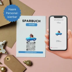 Personalisiertes Geldgeschenk | Führerschein Zuschuss | Digitales Sparbuch | Geschenkkarte | Auto Mädchen Blau