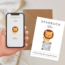 Personalisiertes Geldgeschenk | Virtuelles Sparbuch | QrCode Geschenkkarte | Löwe