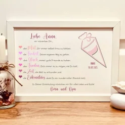 Personalisiertes Geldgeschenk zur Einschulung – Bilderrahmen mit Name & Datum für Mädchen