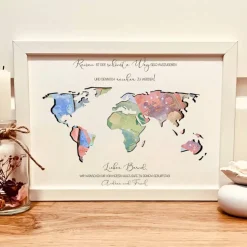 Personalisiertes Geldgeschenk Geburtstag für Abenteurer – Weltkarte im Bilderrahmen