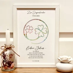 Personalisiertes Geldgeschenk Jugendweihe im Bilderrahmen mit Glückskleeblatt