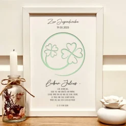 Personalisiertes Geldgeschenk Jugendweihe im Bilderrahmen mit Glückskleeblatt