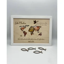 Personalisiertes Geldgeschenk Weltkarte aus Holz – Geschenk zur Konfirmation, Taufe, Kommunion & Firmung im Bilderrahmen