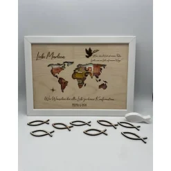 Personalisiertes Geldgeschenk Weltkarte aus Holz – Geschenk zur Konfirmation, Taufe, Kommunion & Firmung im Bilderrahmen