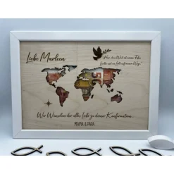 Personalisiertes Geldgeschenk Weltkarte aus Holz – Geschenk zur Konfirmation, Taufe, Kommunion & Firmung im Bilderrahmen