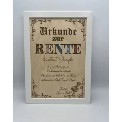Personalisiertes Geldgeschenk zur Rente im Bilderrahmen – Individuelle Urkunde mit Holzeinleger