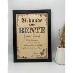 Personalisiertes Geldgeschenk zur Rente im Bilderrahmen – Individuelle Urkunde mit Holzeinleger