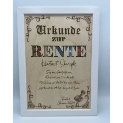 Personalisiertes Geldgeschenk zur Rente im Bilderrahmen – Individuelle Urkunde mit Holzeinleger