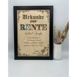 Personalisiertes Geldgeschenk zur Rente im Bilderrahmen – Individuelle Urkunde mit Holzeinleger