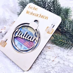 Personalisiertes Geldgeschenk Weihnachten | Geschenkverpackung nachhaltig  | Christbaumkugel mit Name | Weihnachtskarte