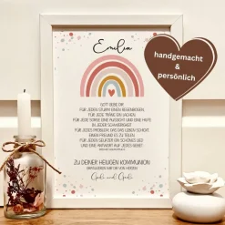 Personalisiertes Geschenkbild zur Erstkommunion für Mädchen – Einzigartiges Kommunionsgeschenk mit Namen & Regenbogen