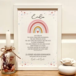 Personalisiertes Geschenkbild zur Erstkommunion für Mädchen – Einzigartiges Kommunionsgeschenk mit Namen & Regenbogen