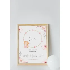 Personalisiertes Geschenk zur Geburt | Geburtstafel rosa | Geburtsdaten Poster Bär | Geburtsbild | personalisiertes Gesc