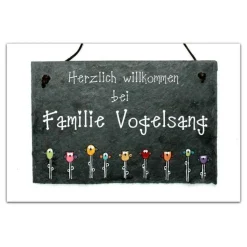 personalisiertes Geschenk für Familien - Türschild aus Schiefer mit Eulen handbemalt, Schieferschild mit Name, Haustürschild für den Eingang, Familientürschild für das Zuhause