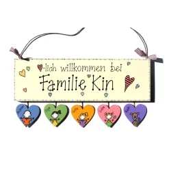 personalisiertes Geschenk für Familien, Türschild aus Holz personalisiert mit Namen und Figuren, dekoratives Willkommensschild, Familiengeschenk für das Zuhause