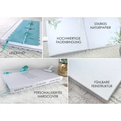 personalisiertes Gästebuch & Album zur Taufe mit Schmetterling, Rosen und Bändern auf Samt in Hellblau Babyblau