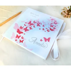 personalisiertes Gästebuch & Album zur Taufe mit Schmetterlingen in Pink & Rosa blanko o. mit Fragebogen