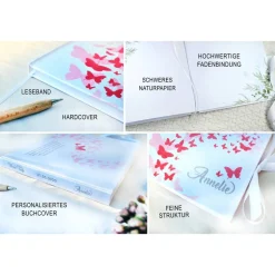 personalisiertes Gästebuch & Album zur Taufe mit Schmetterlingen in Pink & Rosa blanko o. mit Fragebogen