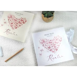 personalisiertes Gästebuch & Album zur Taufe mit Herz aus Schmetterlingen in Altrosa blanko o. mit Fragebogen