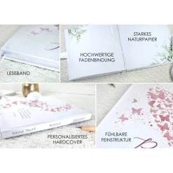 personalisiertes Gästebuch & Album zur Taufe mit Herz aus Schmetterlingen in Altrosa blanko o. mit Fragebogen