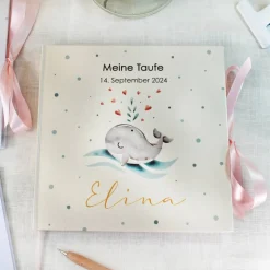 personalisiertes Gästebuch zur Taufe mit Wal, Welle, Herz in Grau & Rosa blanko od. mit Fragen / Fragebogen