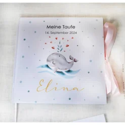 personalisiertes Gästebuch zur Taufe mit Wal, Welle, Herz in Grau & Rosa blanko od. mit Fragen / Fragebogen