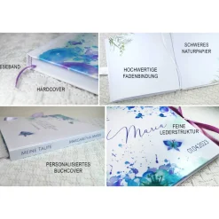 personalisiertes Gästebuch & Album zur Taufe mit Schmetterling & Blume in Türkis / Lila blanko o. mit Fragen