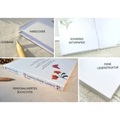 personalisiertes Gästebuch zur Taufe mit Blumenkranz aus Sommerblumen blanko o. mit Fragen / Fragebogen Beere