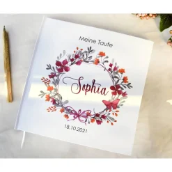 personalisiertes Gästebuch zur Taufe mit Blumenkranz aus Sommerblumen blanko o. mit Fragen / Fragebogen Beere