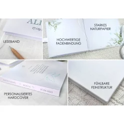 Personalisiertes Gästebuch & Taufalbum mit Taube und Olivenzweig zur Taufe mit Gästefragen oder Blanko