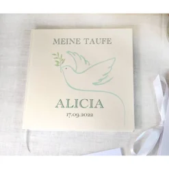 Personalisiertes Gästebuch & Taufalbum mit Taube und Olivenzweig zur Taufe mit Gästefragen oder Blanko