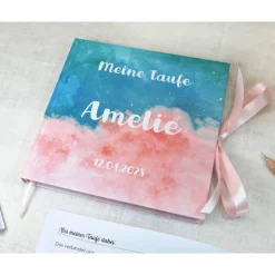 personalisiertes Gästebuch & Album zur Taufe in Türkis bis Rosa blanko oder mit Fragen