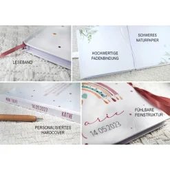 personalisiertes Gästebuch zur Taufe Regenbogen, Herzen, Sonne & Mond blanko o. mit Fragen / Fragebogen Beere