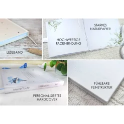 personalisiertes Gästebuch zur Taufe mit Segelboot in tiefem Blau blanko od. mit Fragen / Fragebogen