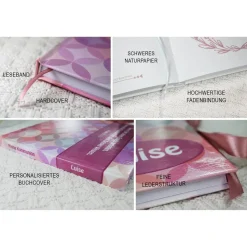 personalisiertes Gästebuch zur Kommunion mit mit Kreisen und Fischen in Fuchsia Beere Pink Gästefragen Fragebogen Fragen