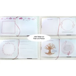 personalisiertes Gästebuch zur Kommunion mit mit Kreisen und Fischen in Fuchsia Beere Pink Gästefragen Fragebogen Fragen