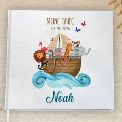 personalisiertes Gästebuch zur Taufe mit Arche Noah und Tieren blanko od. mit Fragen / Fragebogen