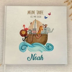 personalisiertes Gästebuch zur Taufe mit Arche Noah und Tieren blanko od. mit Fragen / Fragebogen