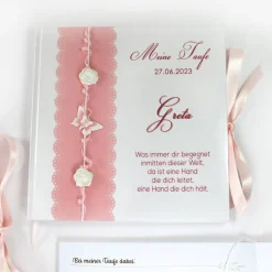 personalisiertes Gästebuch & Album zur Taufe mit Schmetterling, Rosen und Bändern auf Samt in Rosa Rosé blanko o. Fragen