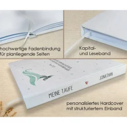 personalisiertes Gästebuch zur Taufe mit Wal, Welle, Herz in Grau & Hellblau blanko od. mit Fragen / Fragebogen