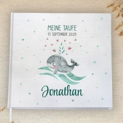 personalisiertes Gästebuch zur Taufe mit Wal, Welle, Herz in Grau & Hellblau blanko od. mit Fragen / Fragebogen
