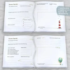 personalisiertes Gästebuch zur Taufe mit Wal, Welle, Herz in Grau & Hellblau blanko od. mit Fragen / Fragebogen